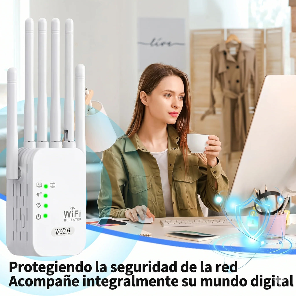 Repetidor & Amplificador WiFi 1200M Doble Banda 5GHz + 2.4GHz · 6 Antenas · Cobertura 360°