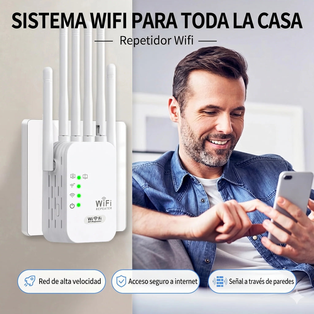 Repetidor & Amplificador WiFi 1200M Doble Banda 5GHz + 2.4GHz · 6 Antenas · Cobertura 360°